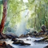Watercolour landscape painting Little waterfall at end of stream at Lenox Bridge, Sydney